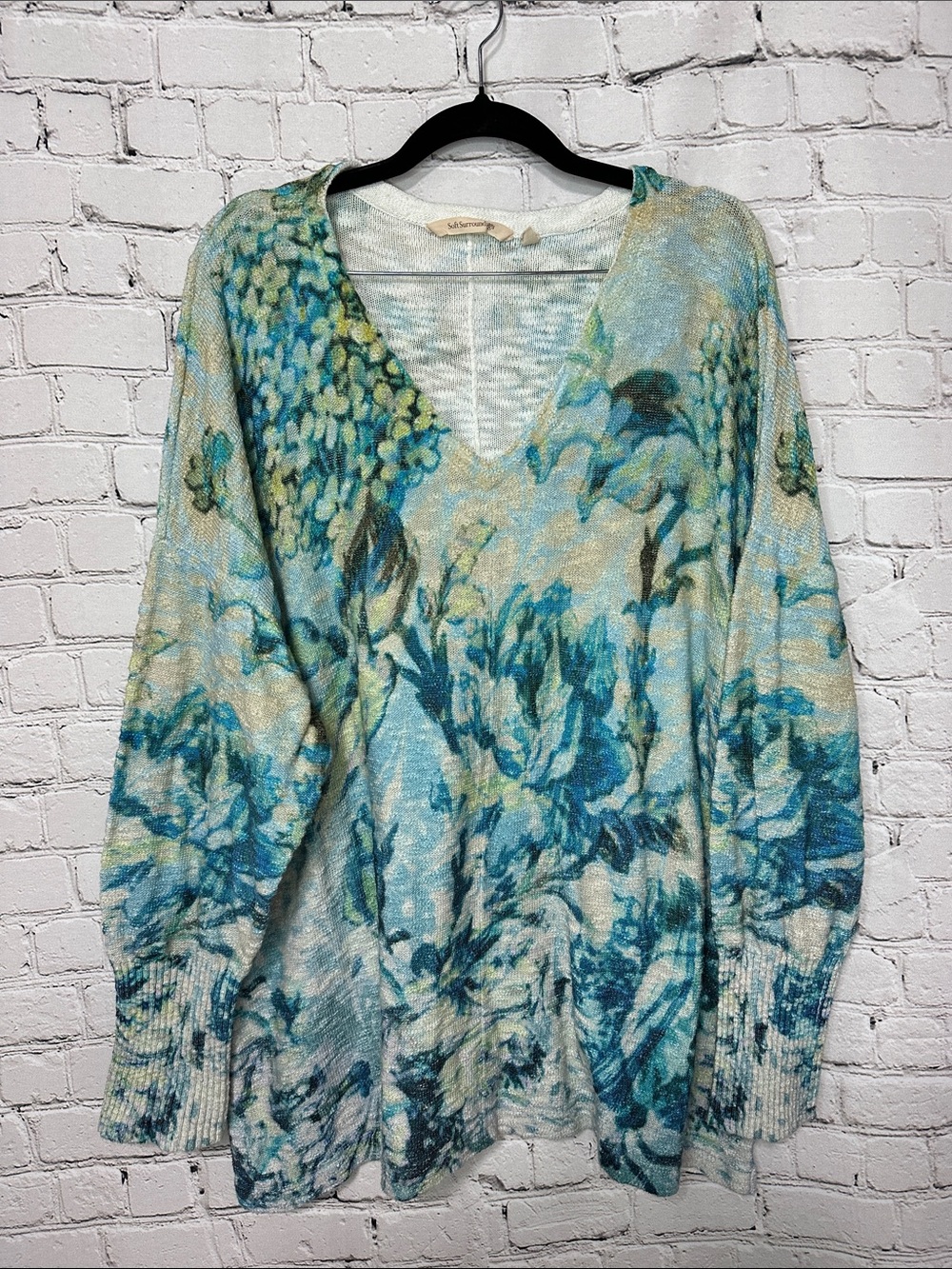 Soft Surroundings Blue Floral V Neck Sweater 100% Cotton 3X